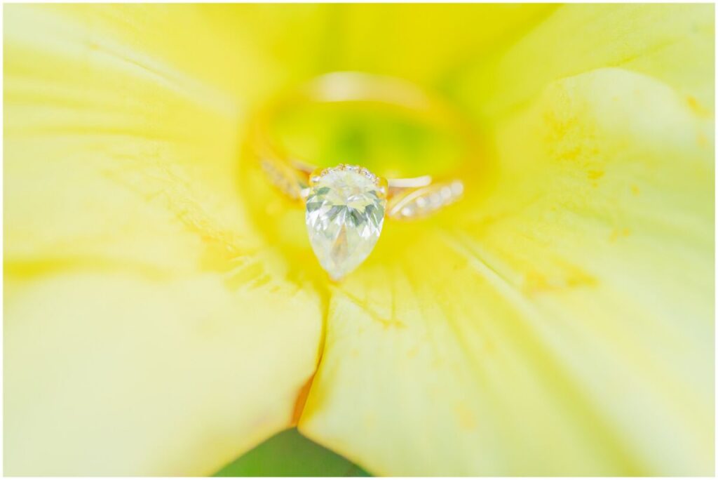 A pretty engagement ring on a yellow flower