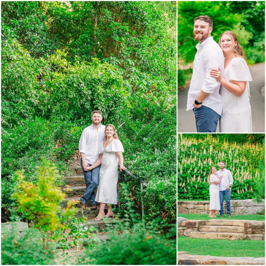 A happy brunette couple enjoying their Duke Gardens engagement photos in the vibrant greenery by JoLynn Photography