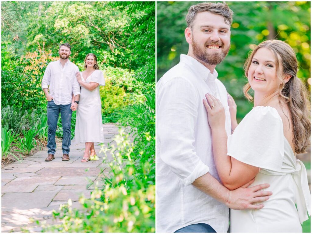 A happy couple dressed in white during their Duke Garden engagement photos by JoLynn Photography at sunset