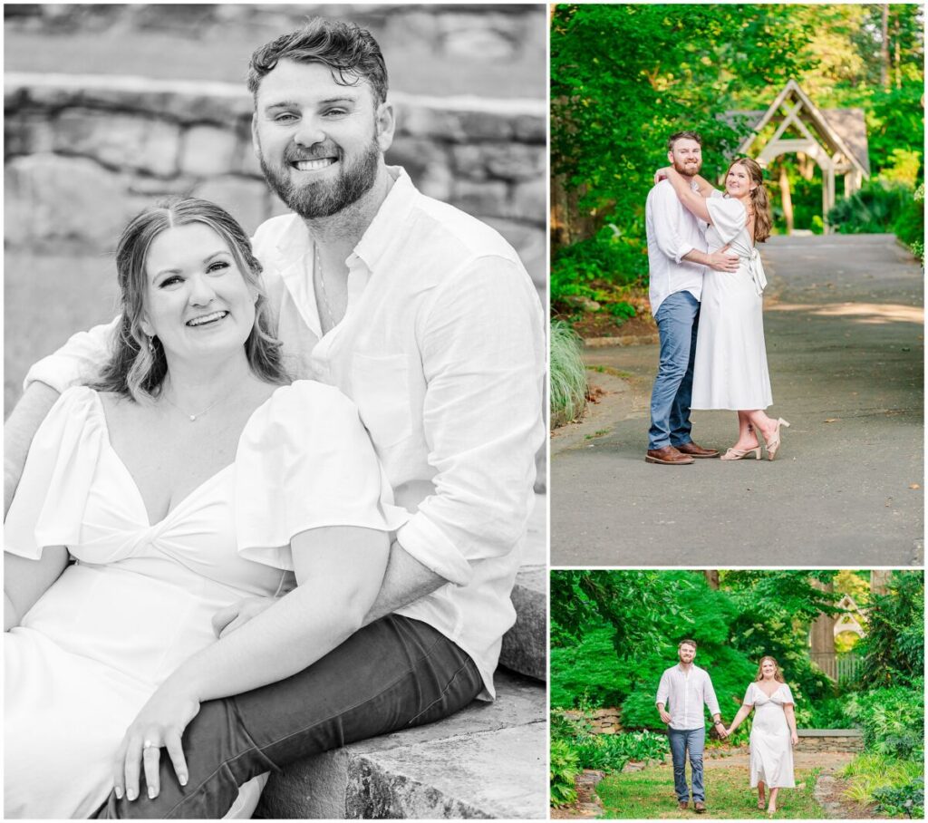 A happy couple enjoying their summertime engagement session in a popular Raleigh garden