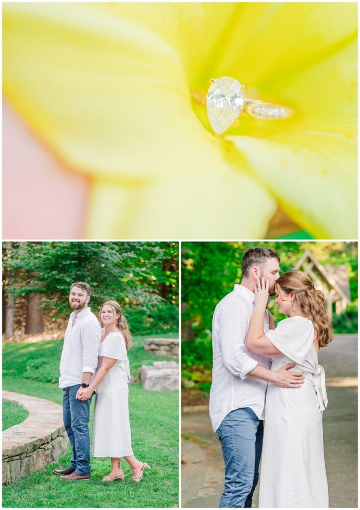 An engagement ring on a yellow flower