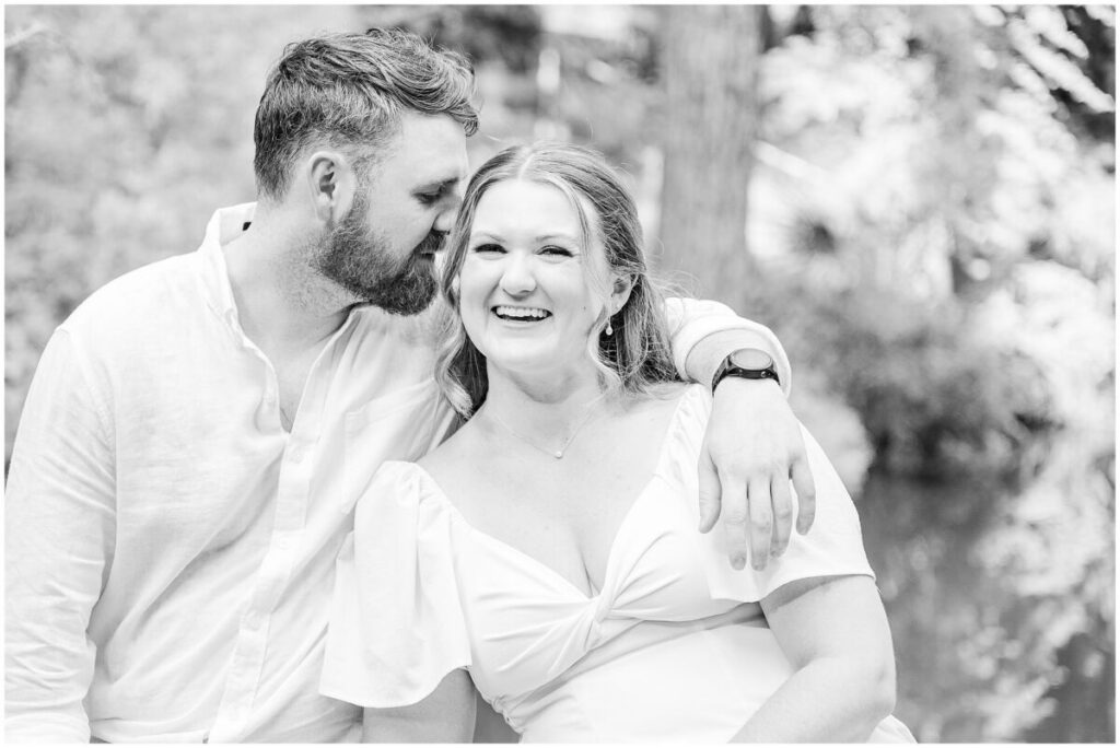 A classic black and white portrait in a stone carved Raleigh garden