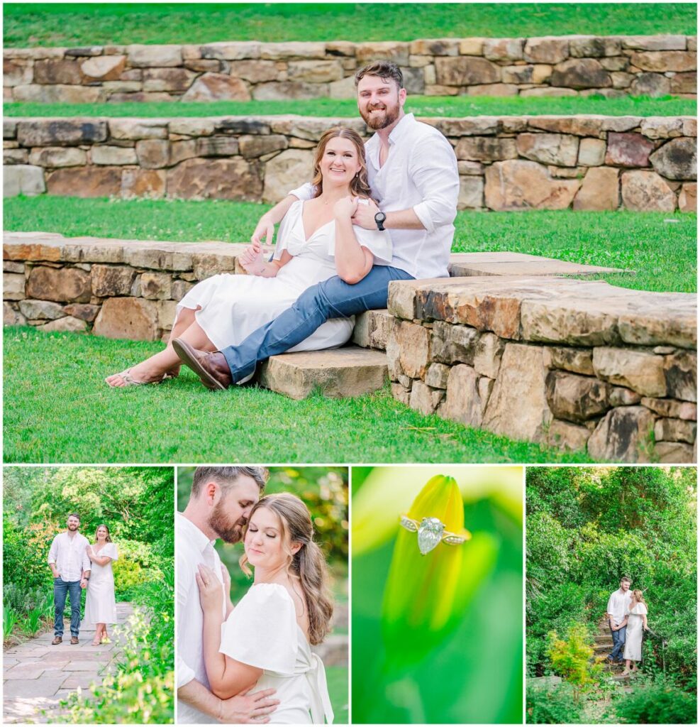 A loving couple enjoying their Duke Gardens engagement photos under the soft summer sunset sun alongside vibrant greenery by JoLynn Photography