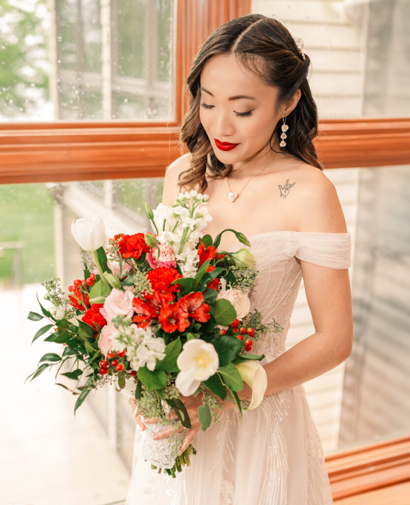 A glowing Asian bride on her Lake Gaston wedding day