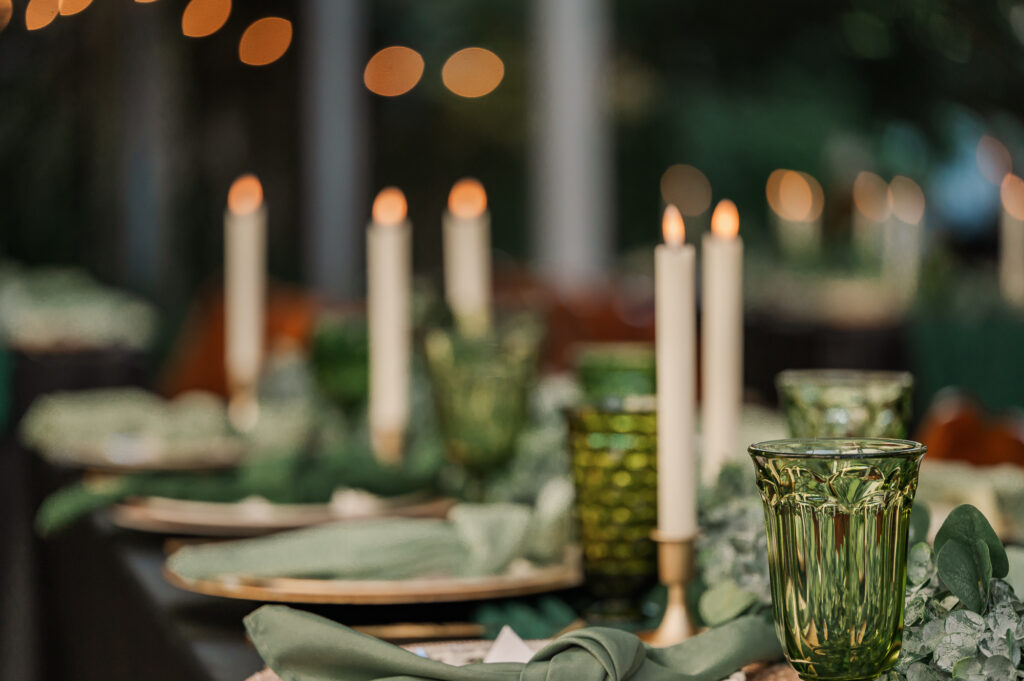 Mixed matched table settings at a downtown Wilmington wedding in November