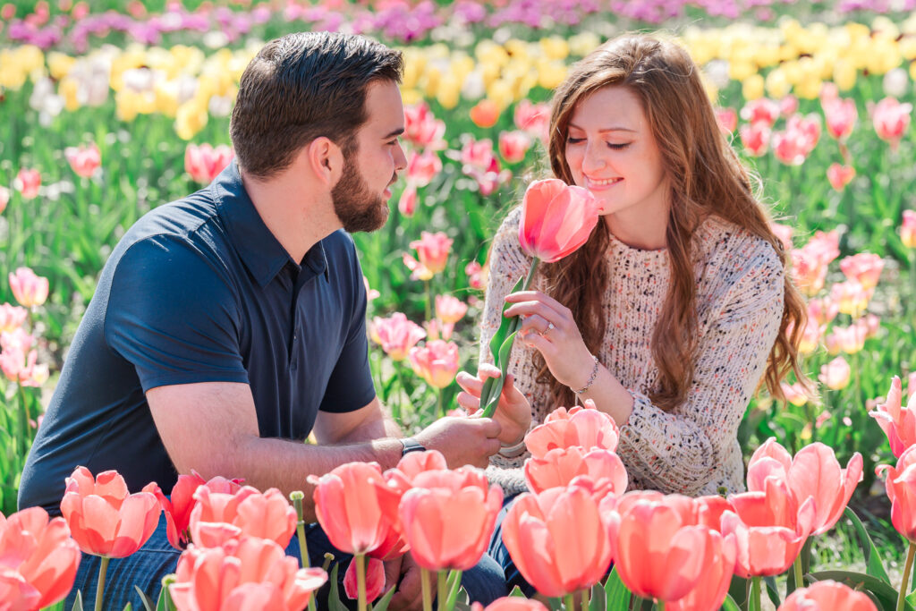 A newly engaged couple in Kernersville at a tulip farm celebrating their Greensboro wedding photography session with JoLynn Photography