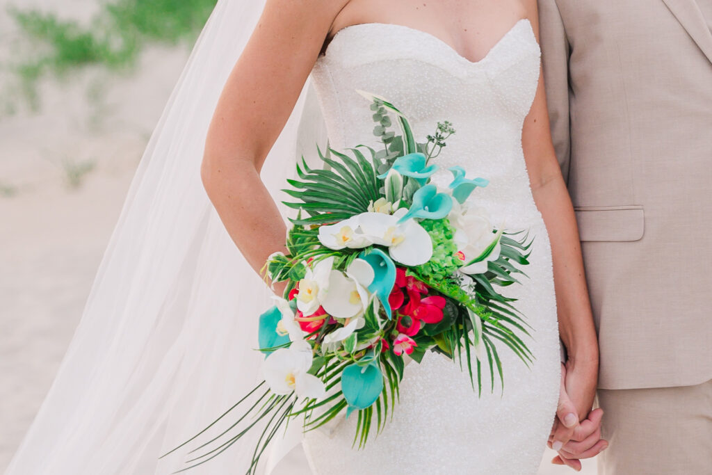 Teal flowers in a beachside bridal bouquet
