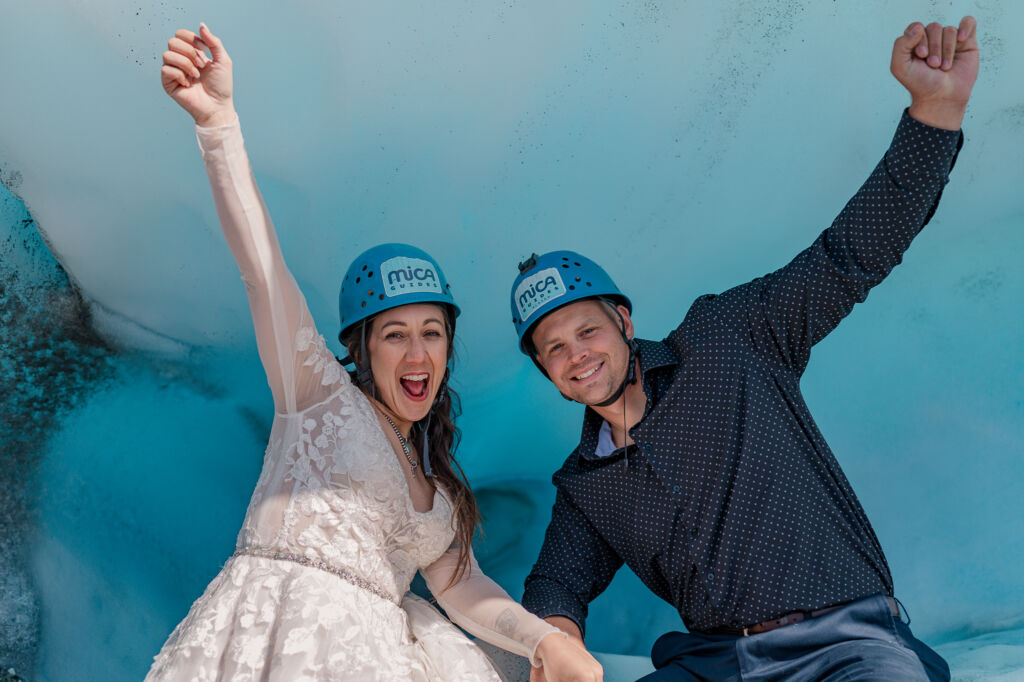 A couple enjoying their destination wedding on Matanuska Glacier for their Alaskan Glacier Wedding by destination wedding photographer, JoLynn Photography