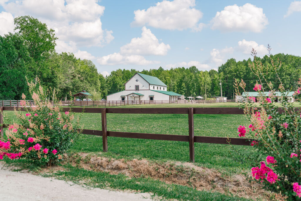 The English Country Barn on a June summer day from the lush green pasture and summer pink wildflowers by JoLynn Photography