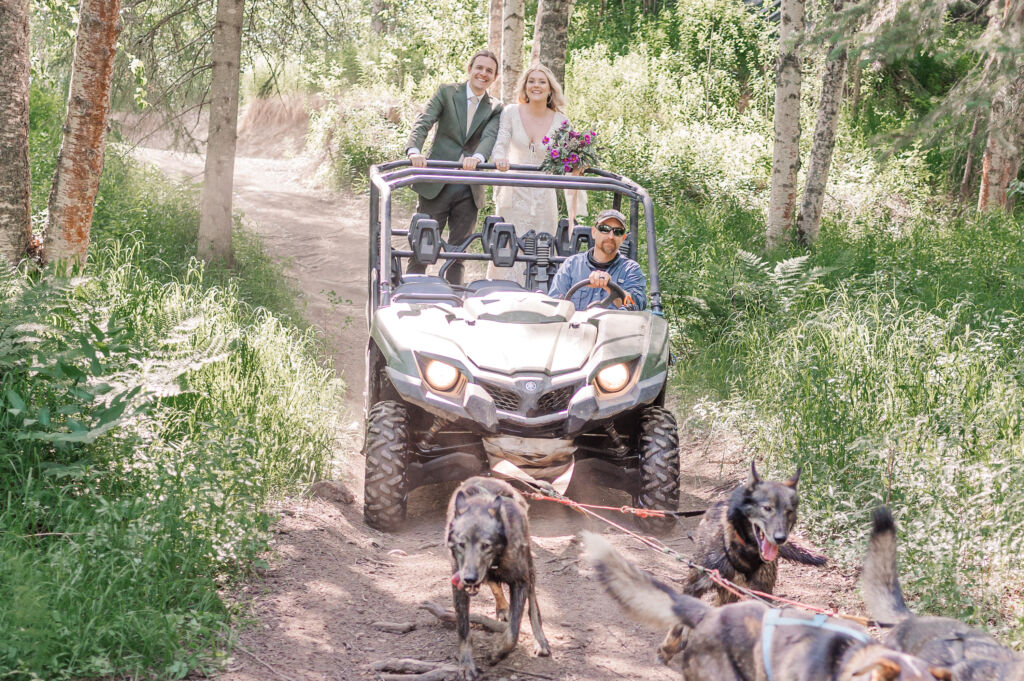 A happy couple enjoying their intimate wedding of dog mushing and hiking during the summer solstice by Alaska elopement photographer, JoLynn Photography