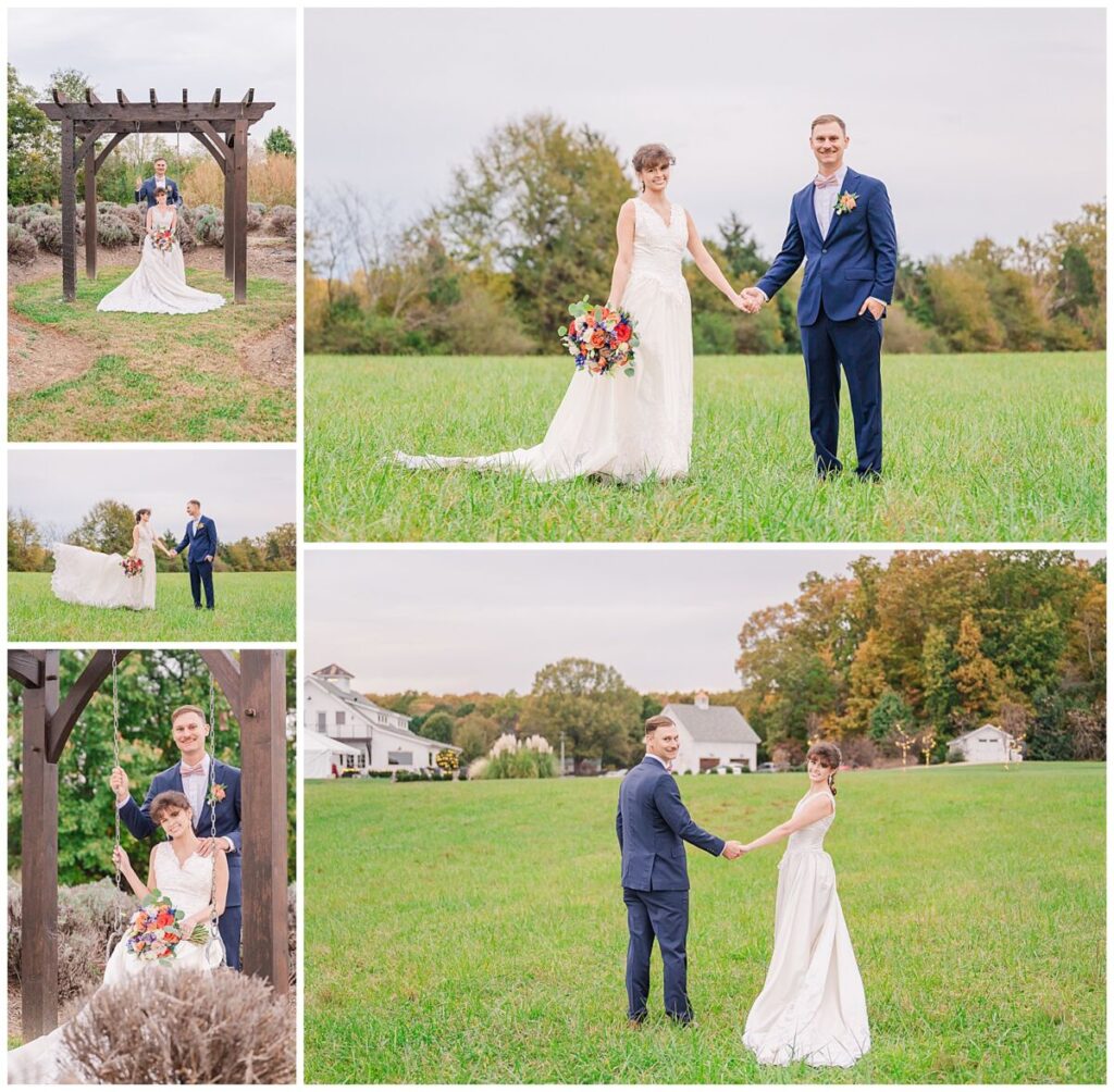 A glowing brunette bride in a repurposed wedding gown that was her mom's and her now husband in a blue tux, sharing kisses and hugs around the property of Chickadee Hill Farms on their wedding day by JoLynn Photography