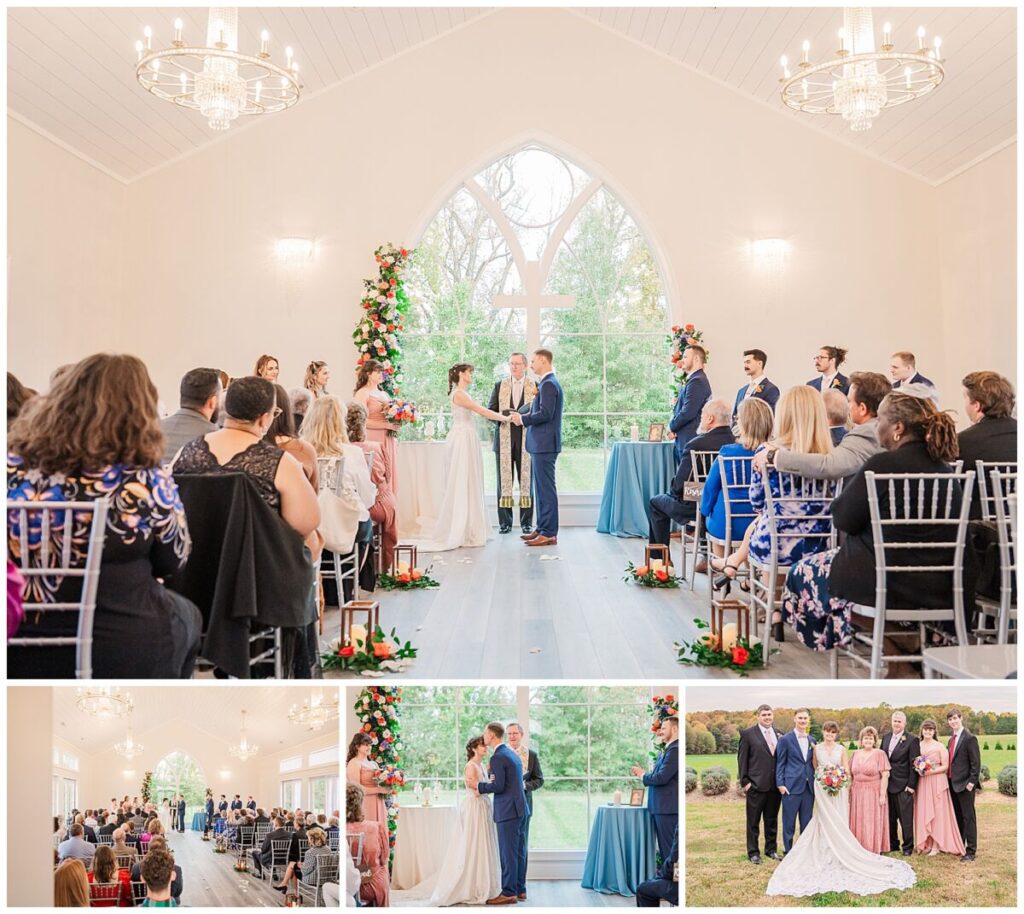 A fall wedding ceremony inside the chapel at Chickadee Hill Farms surrounded by friends and family with bright orange, pink, & blue flowers by JoLynn Photography