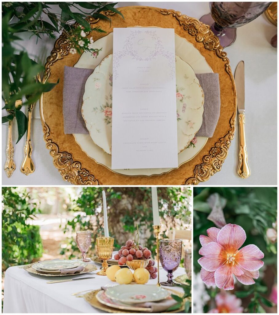 A bright and colorful springtime dinnerware full of orange, pink, yellow, red, and purple springtime flowers by JoLynn Photography