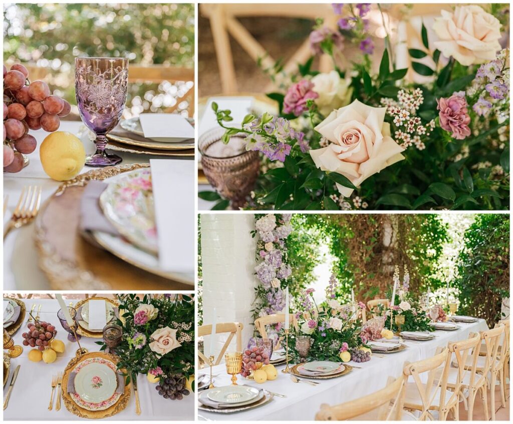 A bright and colorful springtime dinnerware full of orange, pink, yellow, red, and purple springtime flowers by JoLynn Photography