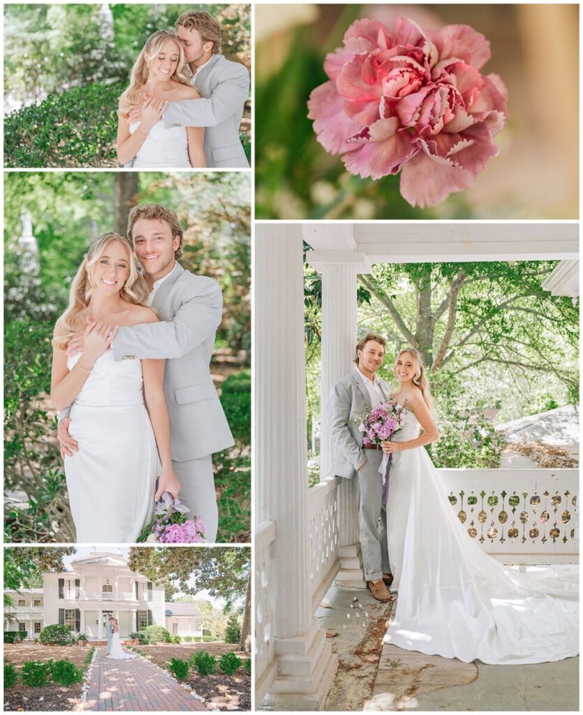 A happy couple smiling lovingly in the warm spring sunlight during an editorial at Leslie Alford Mims House in Holly Springs North Carolina by JoLynn Photography