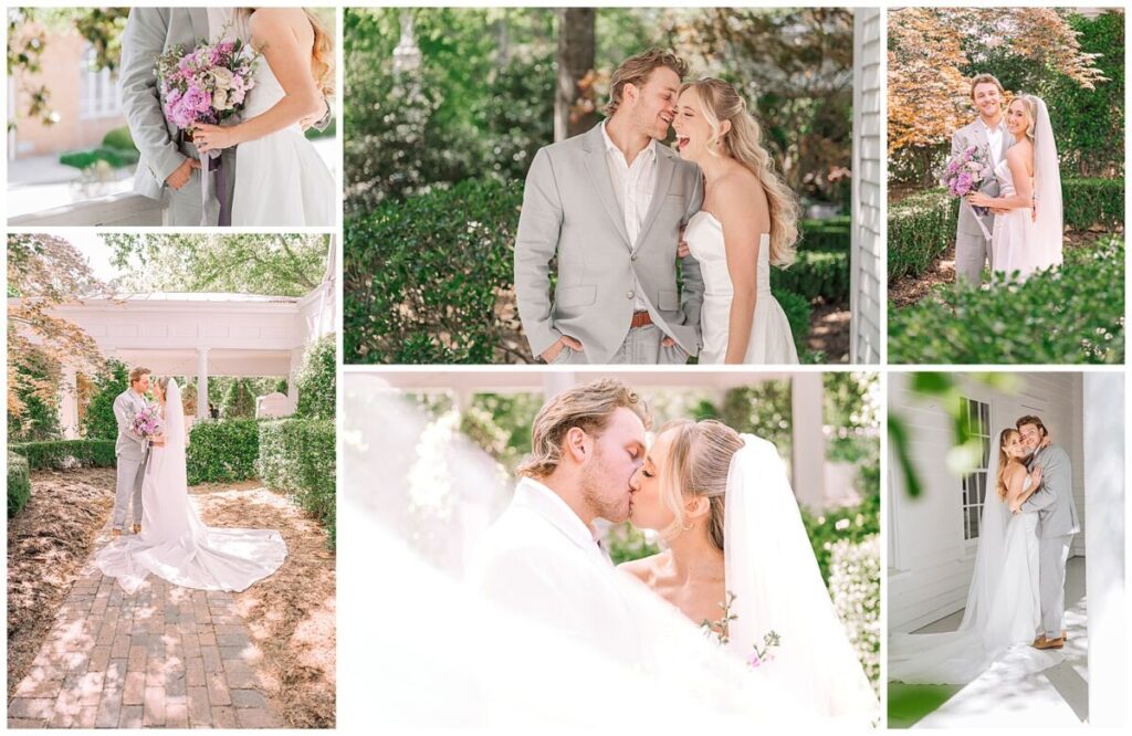 A happy couple smiling lovingly in the warm spring sunlight during an editorial at Leslie Alford Mims House in Holly Springs North Carolina by JoLynn Photography