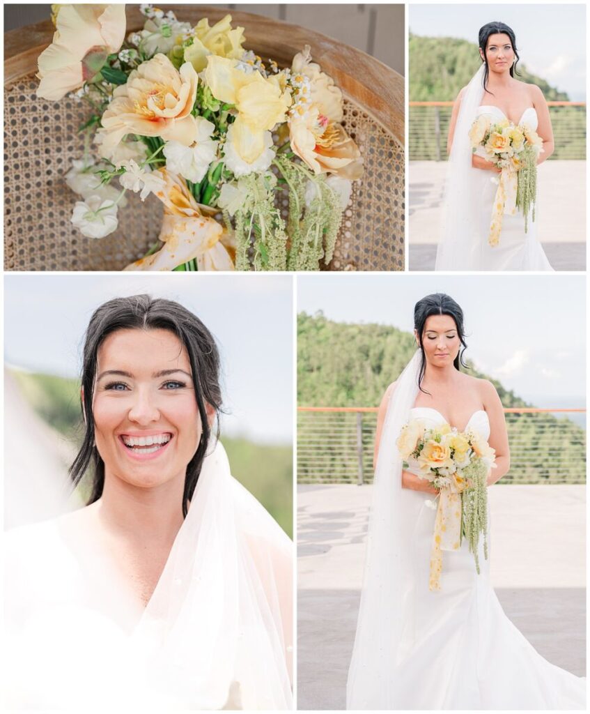 A smiling bride celebrating her wedding by getting bridal portraits in the summer air overlooking stunning mountain views at The Trillium with yellow flowers by JoLynn Photography