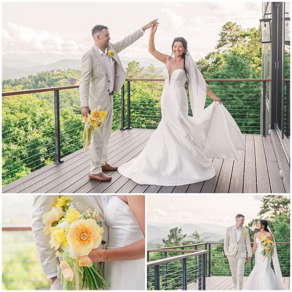 A happy couple celebrating their love in the summer air overlooking stunning mountain views at The Trillium with yellow flowers by JoLynn Photography