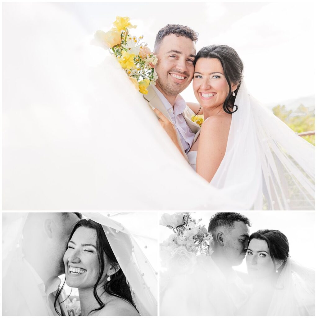A bride and groom snuggled up under a glowing veil at sunset at The Trillium by JoLynn Photography