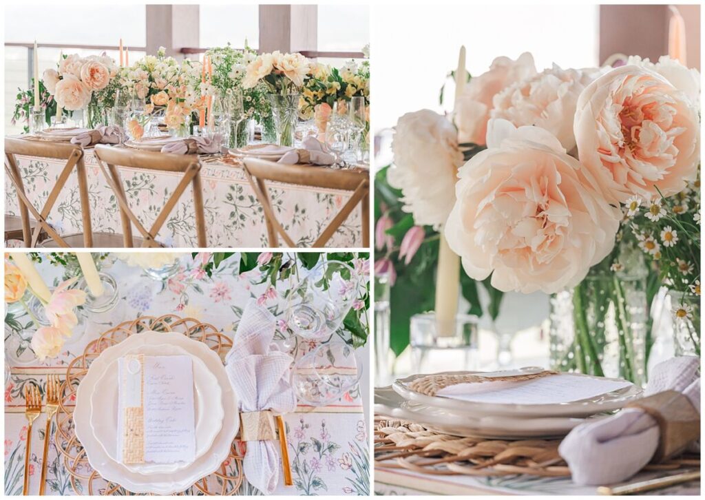 An array of pastel flowers on a tablescape with rich accents and floral tablecloths at The Trillium by JoLynn Photography