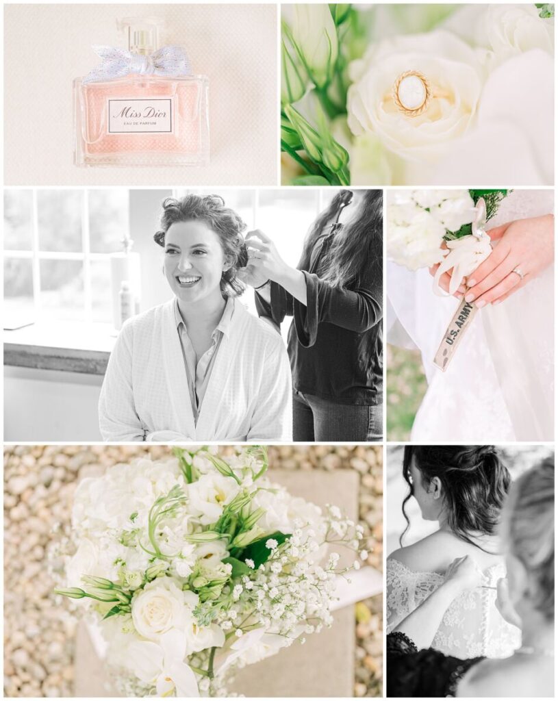 A brunette bride getting ready on her summer wedding day in a chic farmhouse at The Vineyard at High Holly by JoLynn Photography
