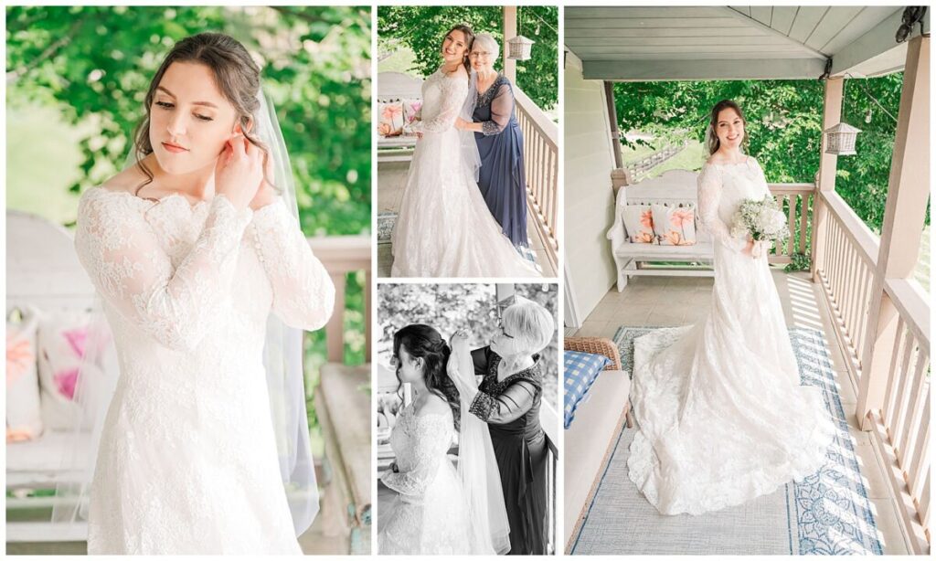 A brunette bride getting ready on her summer wedding day in a chic farmhouse at The Vineyard at High Holly by JoLynn Photography