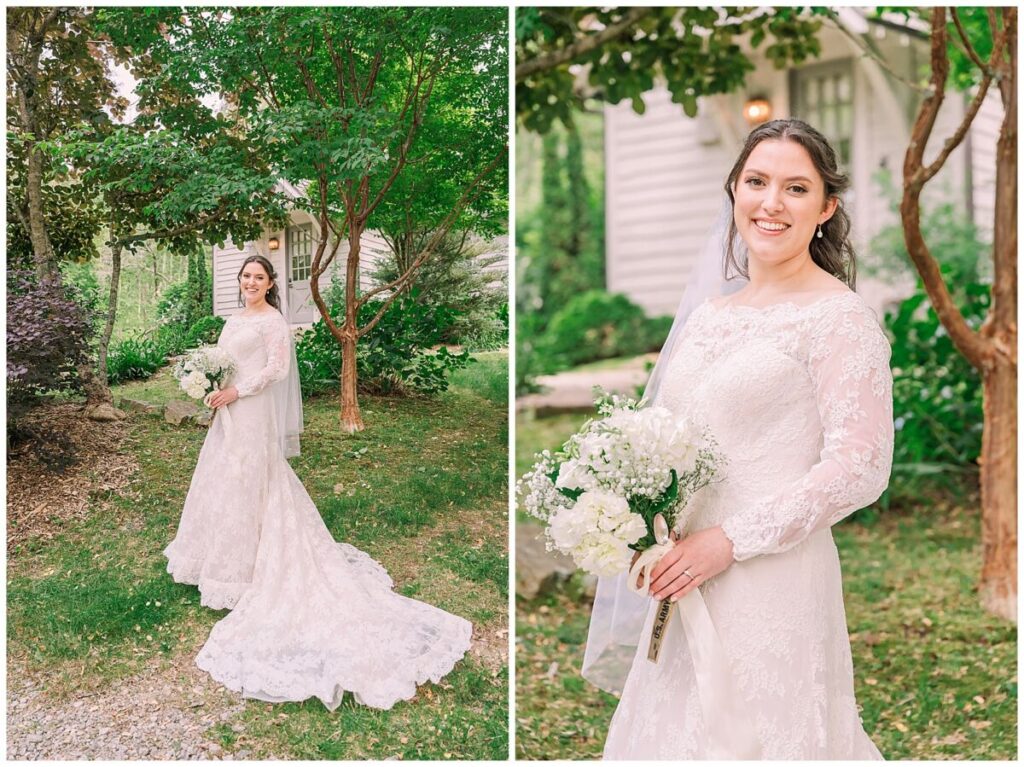 A smiling brunette bride getting bridal portraits under luscious greenery at The Vineyard at High Holly by JoLynn Photography