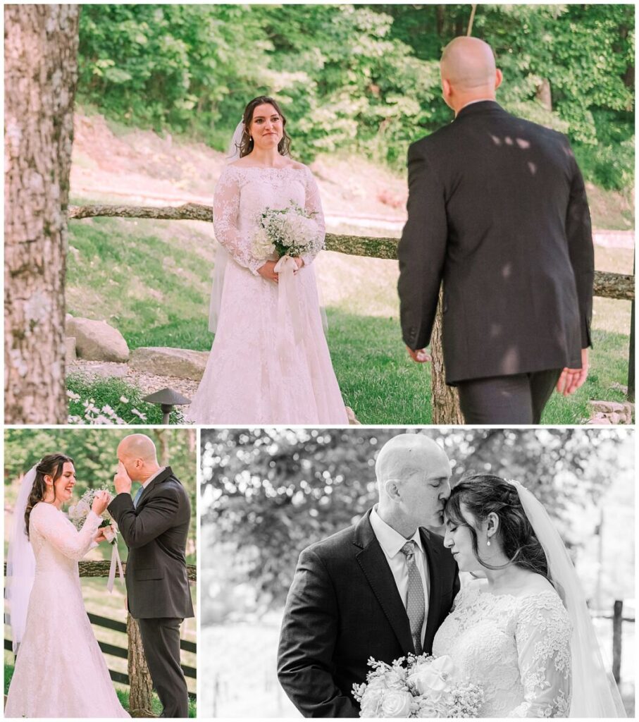 A father seeing his blushing daughter on her wedding day for the first time at The Vineyard at High Holly by JoLynn Photography