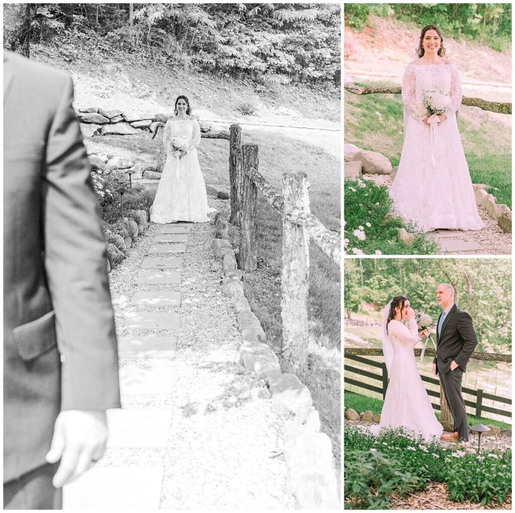 A father seeing his blushing daughter on her wedding day for the first time at The Vineyard at High Holly by JoLynn Photography