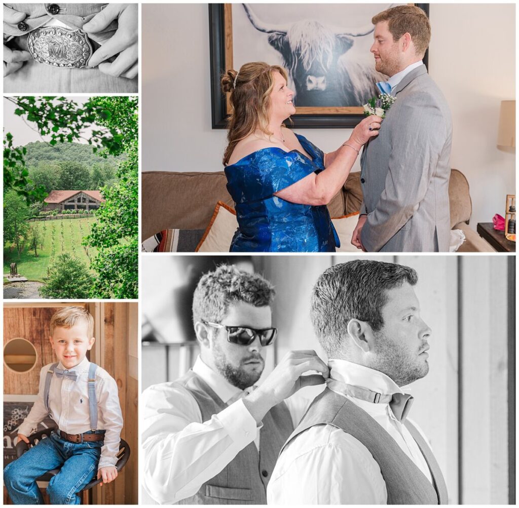A groom getting ready on his wedding day at The Vineyard at High Holly by JoLynn Photography