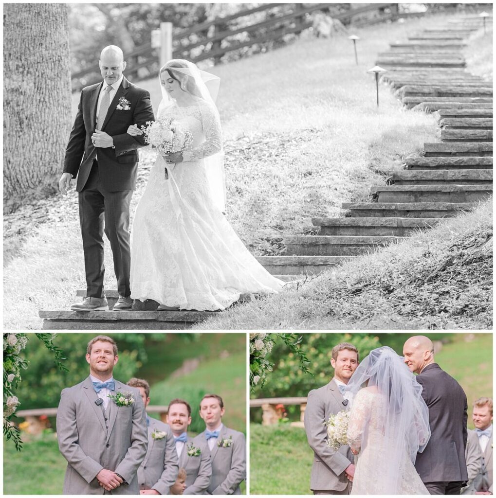 A bride walking down the aisle with her father on her wedding day at The Vineyard at High Holly