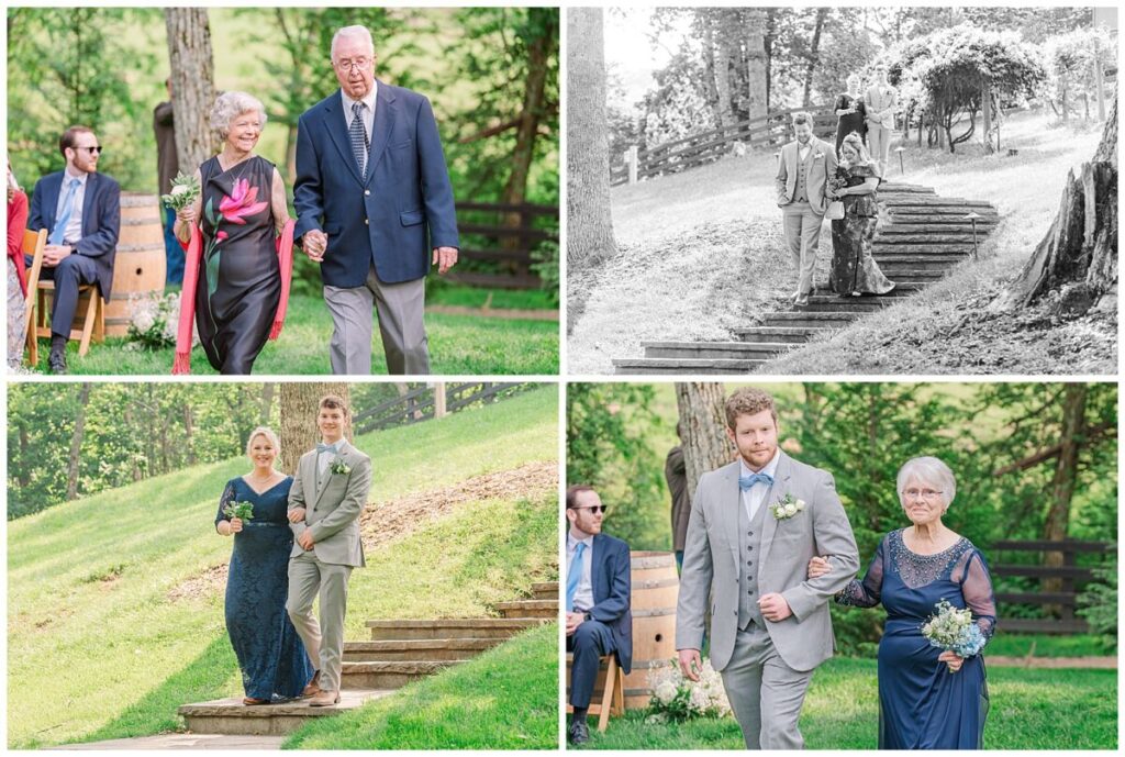 Family and friends walking down the aisle as they entered a green ceremony space at The Vineyard at High Holly