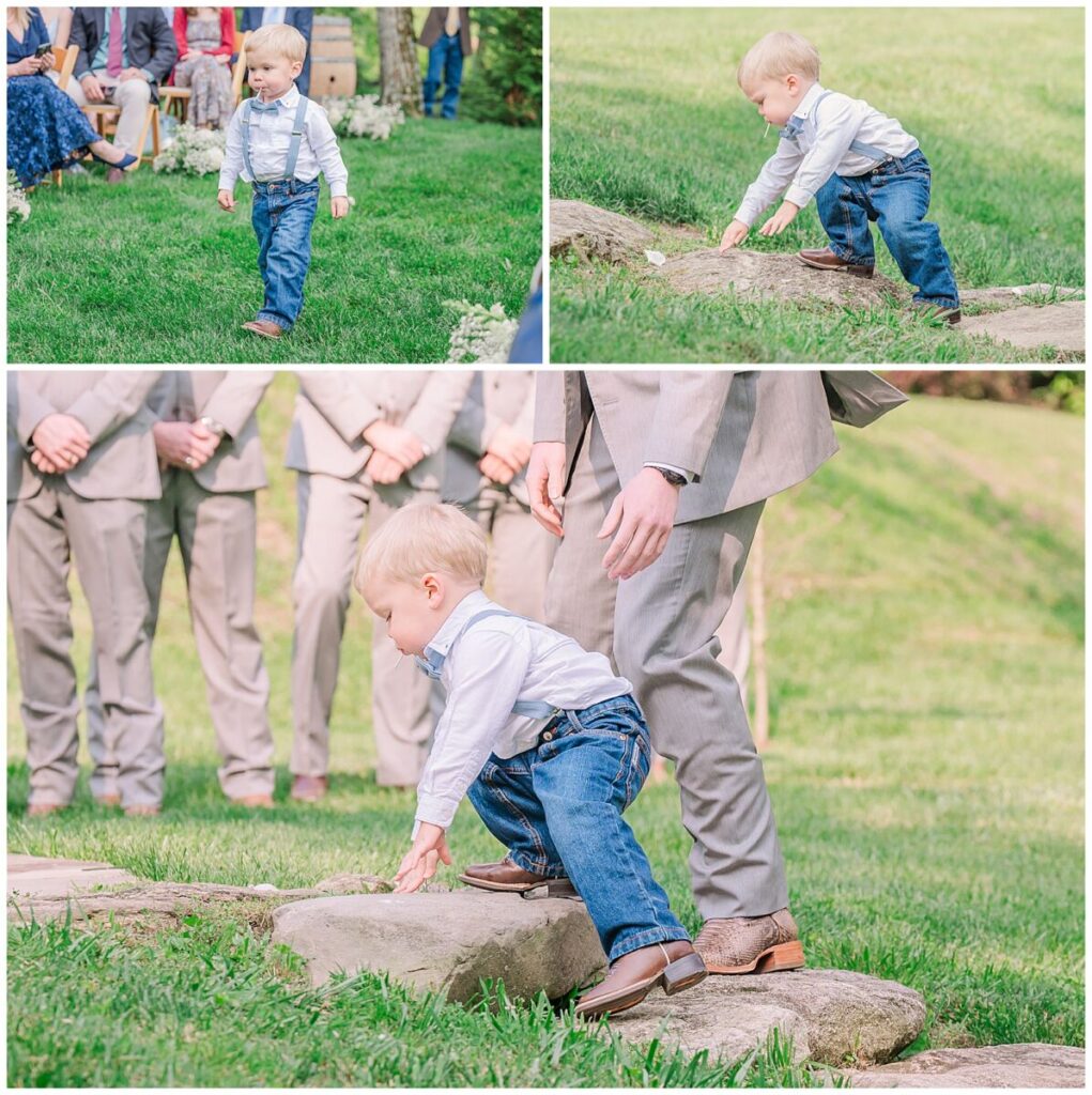 Family and friends walking down the aisle as they entered a green ceremony space at The Vineyard at High Holly