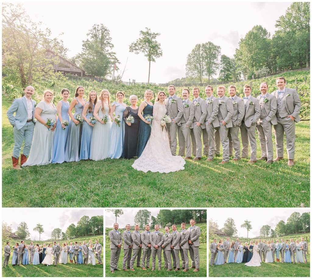 A wedding party with a happy bride and groom surrounded by mountains during June at The Vineyard at High Holly by JoLynn Photography