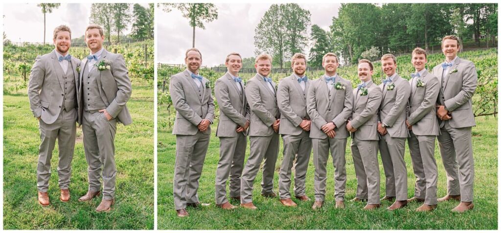 A groom and his groomsmen next to a glowing green vineyard in Blue Ridge Mountains