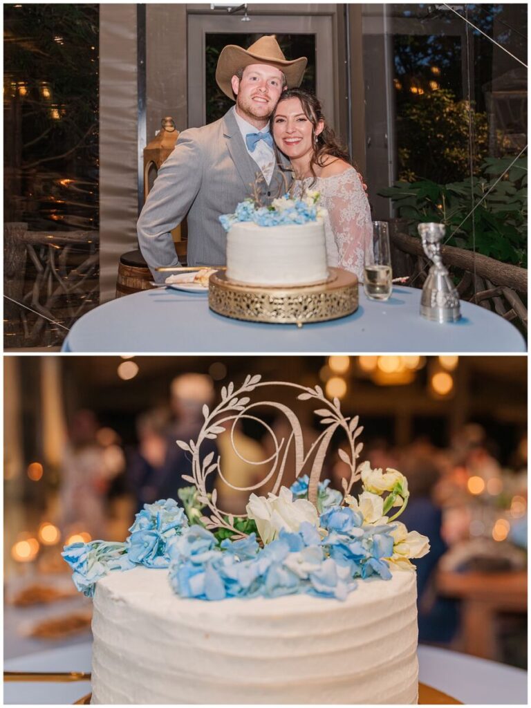 A couple cutting cake at their wedding reception 