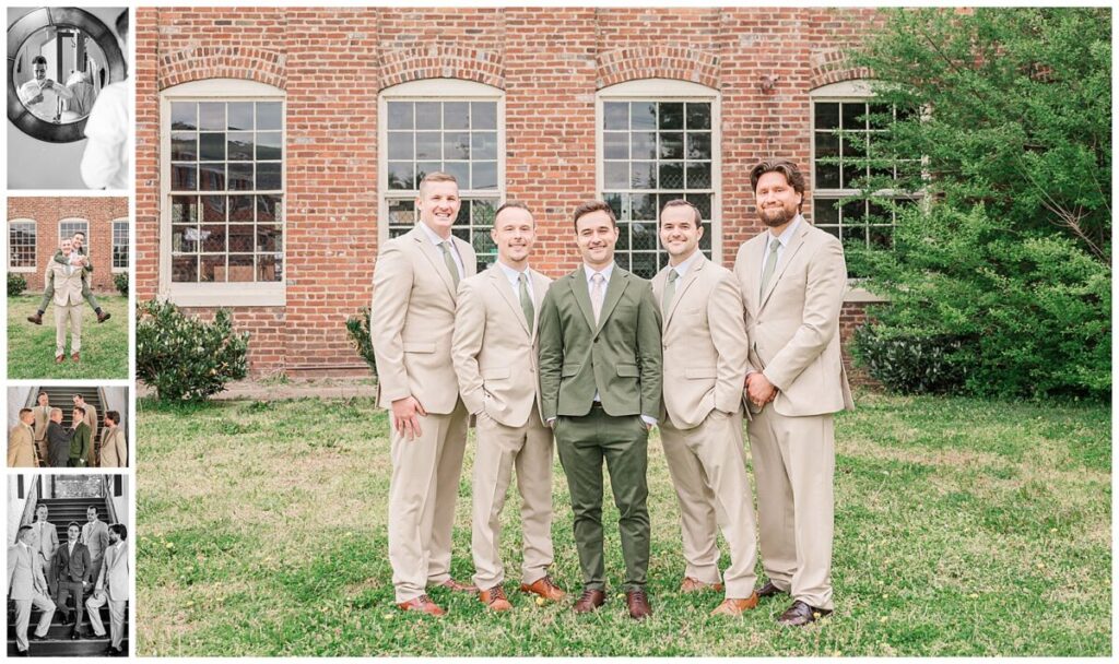 A groom in a green tux with his four groomsmen next to a stunning orange brick wall at the Woolen Mill Fredericksburg by JoLynn Photography