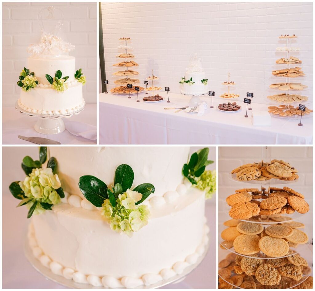 A dessert table filled with yummy cookies and vanilla cream cake by JoLynn Photography