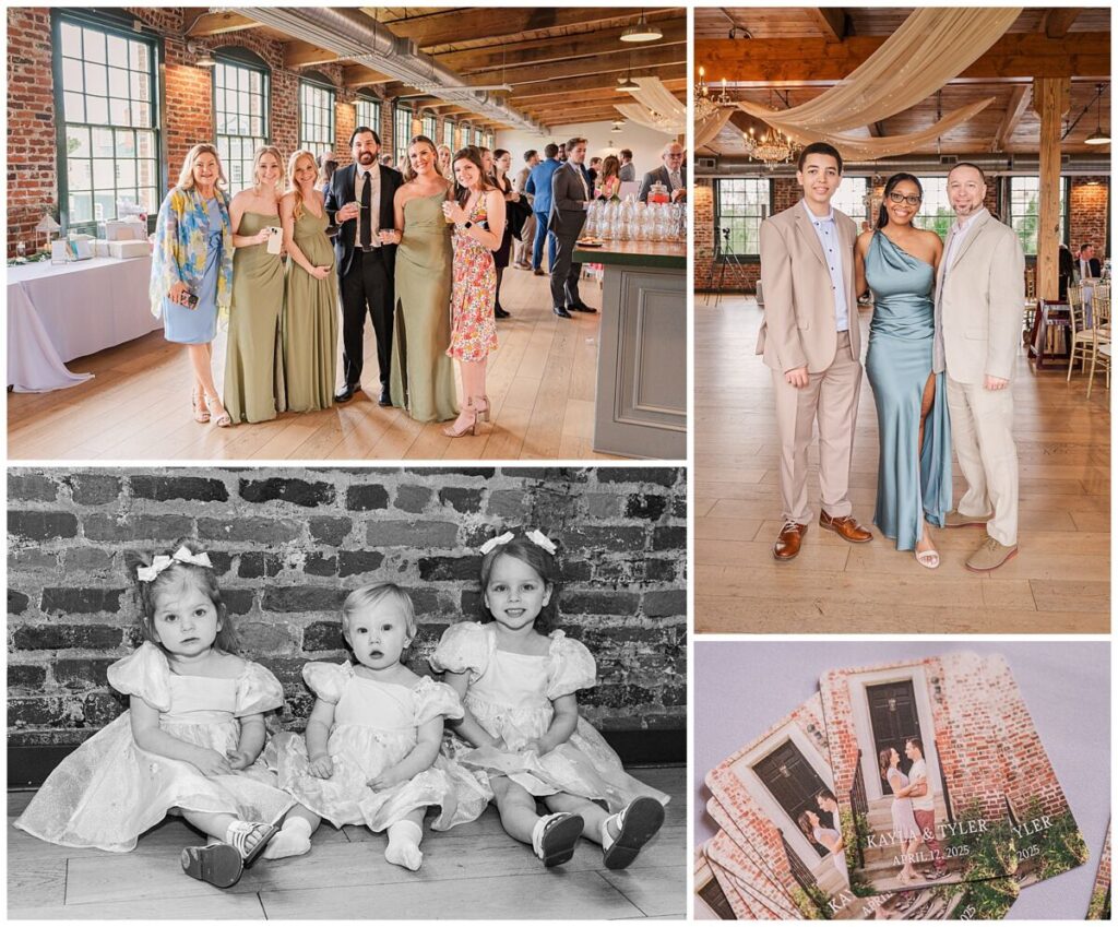 Guests enjoying themselves at cocktail hour surrounded by warm brick at The Woolen Mill Fredericksburg by JoLynn Photography