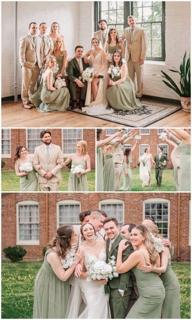 A wedding party having fun around the Woolen Mill Fredericksburg during their best friend's summer wedding day by JoLynn Photography