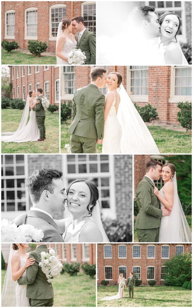 A happy married couple sharing time with each other during sunset for their portraits after their wedding ceremony at The Woolen Mill Fredericksburg by JoLynn Photography