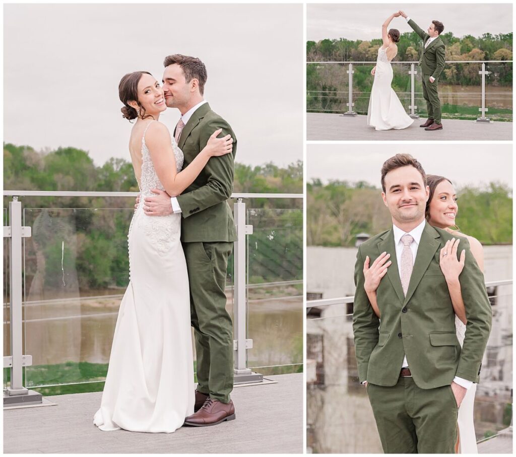 A newly wed bride and groom sharing hugs and kisses during their sunset portraits along the Rappahannock River at the Woolen Mill Fredericksburg by JoLynn Photography