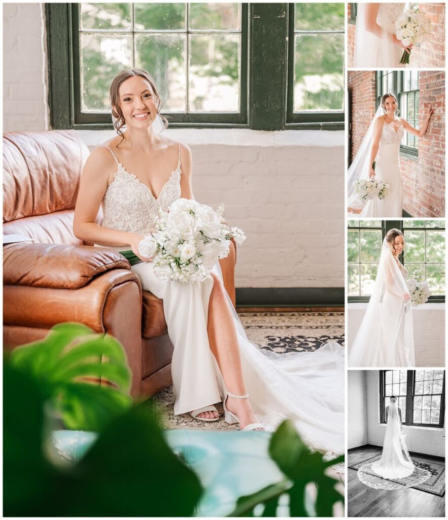 A smiling brunette bride during her bridal portrait session during a June wedding at the Woolen Mill Fredericksburg by JoLynn Photography