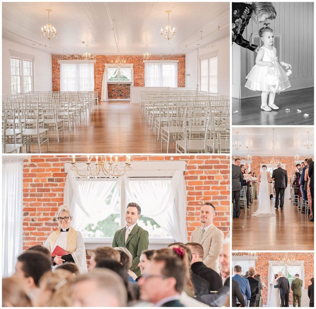 A rich warm ceremony space of orange brick at the Woolen Mill Fredericksburg by JoLynn Photography