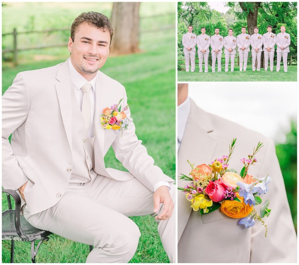 A smiling groom getting ready with his groomsmen under reach greenery at Guildford Farm by JoLynn Photography