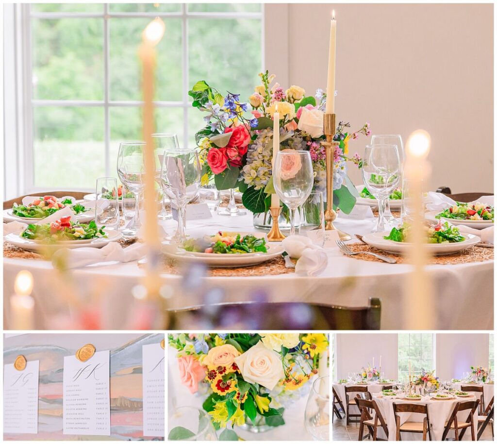 A beautiful colorful array of wedding florals in the modern barn at Guildford Farm