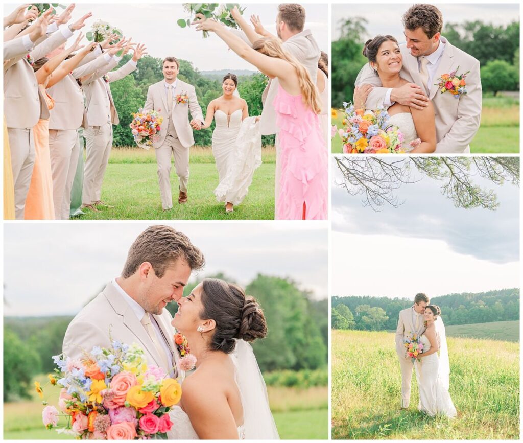 A happy married couple enjoying their wedding portraits with their wedding party at sunset at Guildford Farm by JoLynn Photography