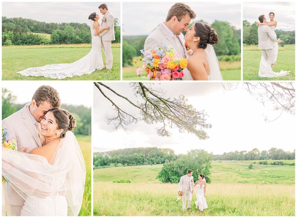 A happy married couple enjoying their wedding portraits with their wedding party at sunset at Guildford Farm by JoLynn Photography