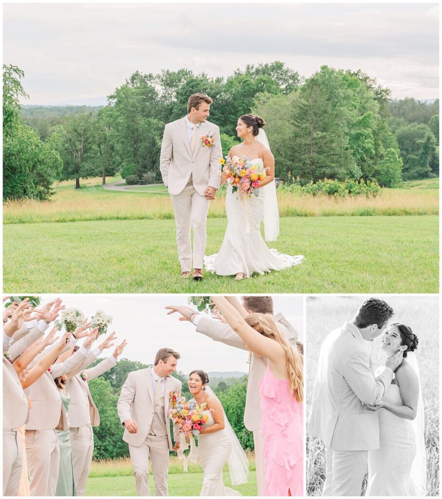 A happy married couple enjoying their wedding portraits with their wedding party at sunset at Guildford Farm by JoLynn Photography