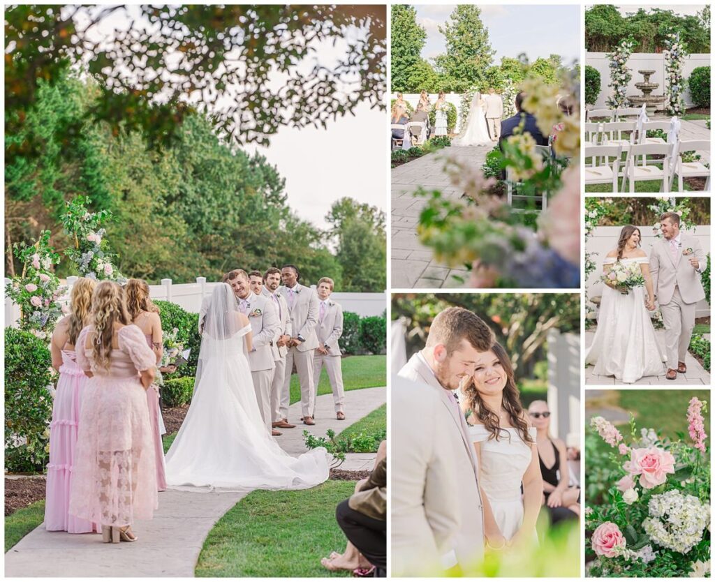 A loving couple dressed in tan, an array of pastels, and surrounded by garden greenery on their fall wedding day at an estate wedding venues North Carolina by JoLynn Photography